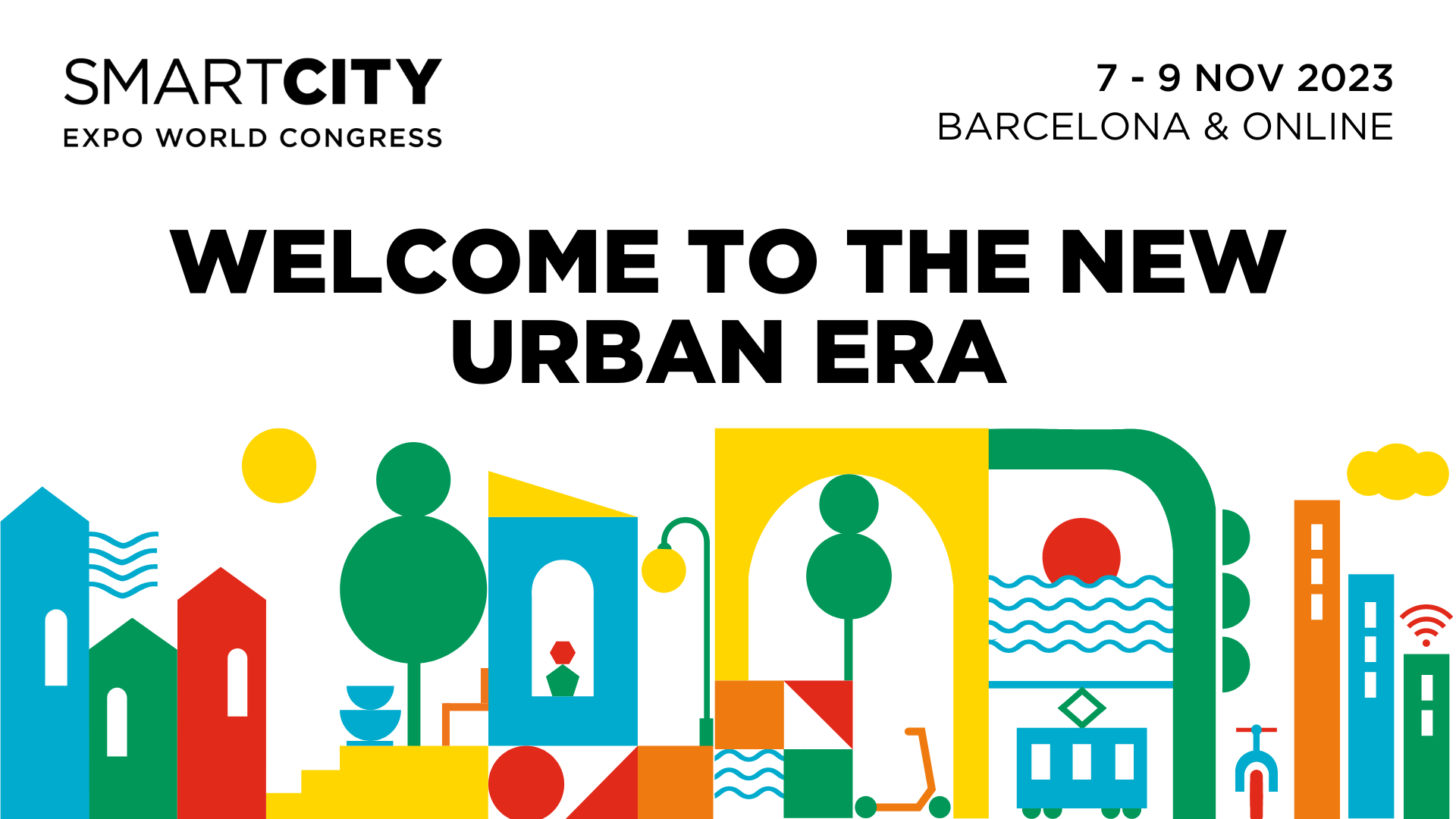 Welcome to the new era - smart city world expo. Text comined with colourful icons