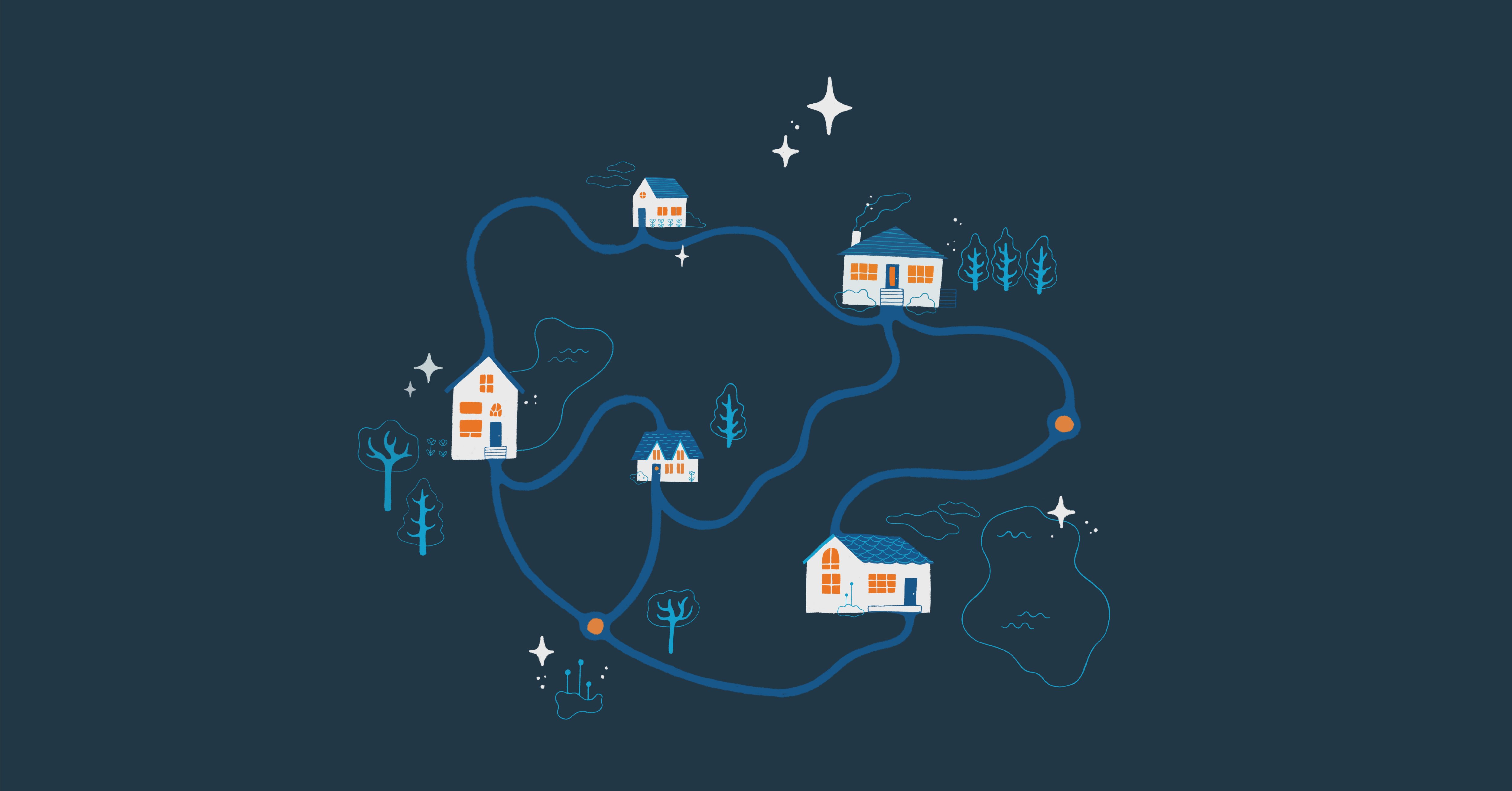 illustration of houses connected by paths in a neighbourhood at dark